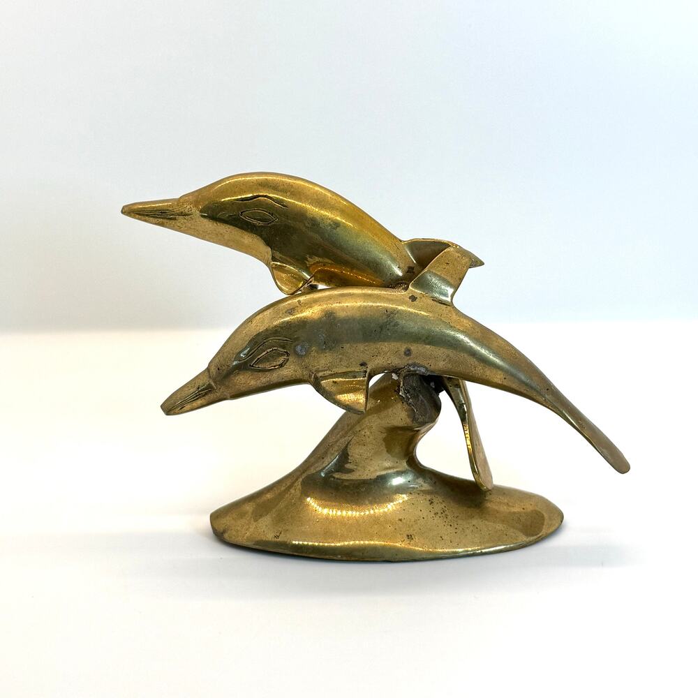 VTG Brass Dolphin Pair Sculpture Figurine Coastal Beach Nautical Deco Art 4 1/2"